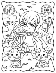 Sagittarius and Gemini. Kawaii. Cute characters. Coloring page, page, book, black and white vector illustration. Zodiac signs, horoscope.