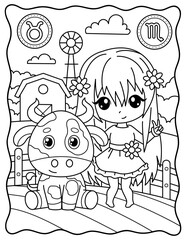 Taurus and Scorpio. Kawaii. Cute characters. Coloring page, page, book, black and white vector illustration. Zodiac signs, horoscope.