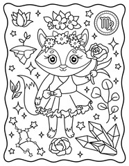 Cute fox Virgo. Kawaii. Cute characters. Coloring page, page, book, black and white vector illustration.