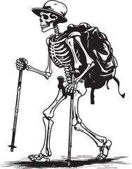Bone Stick and Rock Stylish Vector Illustration Creepy Skeleton and Backpack Chic Emblem Design