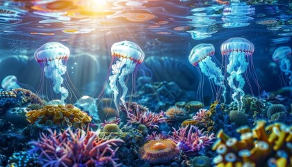 Surreal underwater scene with glowing jellyfish and coral reefs