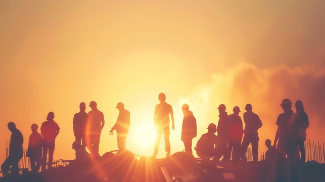 Silhouette of people standing together against a vibrant sunset background, creating a sense of community and unity.
