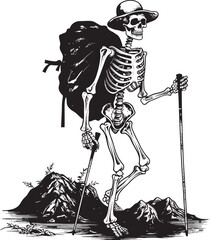 Skeletal Backpacking Trip Elegant Vector Art Skull Stick and Bag Contemporary Logo Symbol