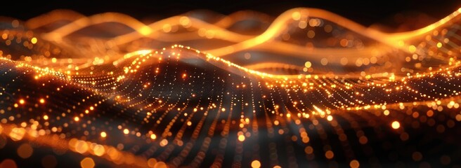 Abstract background with golden dots and waves on black, in the digital technology concept, in the style of artificial intelligence