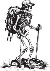 Bone Stick and Backpack Whimsical Graphic Illustration Skeleton Trekking Adventure Elegant Icon Design