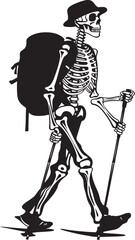 Skeletal Figure with Stick Contemporary Emblem Illustration Bone Backpacking Adventure Stylish Logo Concept