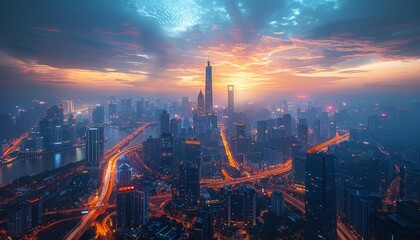 Fototapeta premium Futuristic digital cityscape with towering skyscrapers and illuminated highways