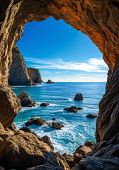 A breathtaking view of the ocean through a natural rock archway, with the sky visible above.