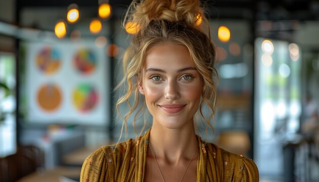 Businesswoman giving a presentation on operational excellence and benchmarking strategies to a group of colleagues