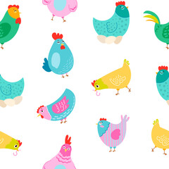 Obraz premium Hen rooster and chick. Seamless pattern. Cute chicken farm characters. Vector drawing. Design ornaments.