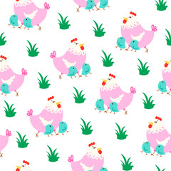 Hen rooster and chick. Seamless pattern. Cute chicken farm characters. Vector drawing. Design ornaments.