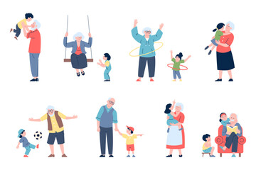 Grandparents with grandkids. Family time with book, play ball and hugging. Old people and children, elderly nanny and kid recent vector set