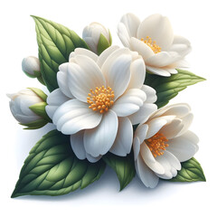Fototapeta premium Stunningly Realistic Jasmine Flower with Lush Green Leaves Isolated on a Pristine White Background
