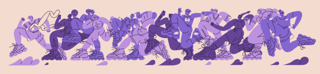 Abstract people run to win in sports competition. Silhouette of sportsmen crowd, runners group jogging, rushing to victory, success. Fast winner crosses finish line. Flat isolated vector illustration