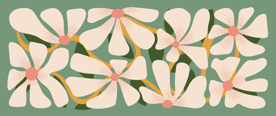 Abstract botanical art background vector. Natural hand drawn pattern design with white flower, leaves branch. Simple contemporary illustrated Design for fabric, print, cover, banner, wallpaper.