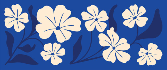 Fototapeta premium Abstract botanical art background vector. Natural hand drawn pattern design with white flower, blue leaves. Simple contemporary illustrated Design for fabric, print, cover, banner, wallpaper.