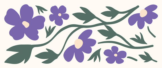 Abstract botanical art background vector. Natural hand drawn pattern design with purple flower, leaves branch. Simple contemporary illustrated Design for fabric, print, cover, banner, wallpaper.