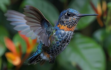 Fototapeta premium Close-up of a beautiful hummingbird with iridescent feathers in mid-flight against a lush green and blurred floral background.