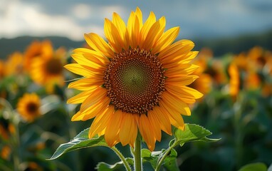 Close-up image of a vibrant sunflower in full bloom, standing out in a field with a blurred background of more sunflowers against a cloudy sky.