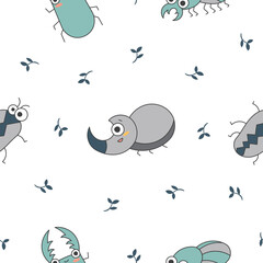 Cute insects cartoon characters. Seamless pattern. Funny small animals. Vector drawing. Design ornaments.