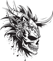 Bone Warrior Head Sleek Graphic Illustration Tiny Village Homes Whimsical Cartoon Logo