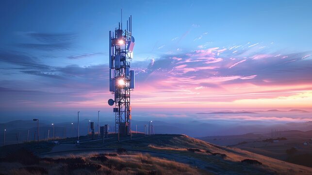 A modern cell tower with several dishes and antennas against the backdrop of blue sky at sunset. A telecommunication structure, with an aerial tower made from steel beams and metal plates.