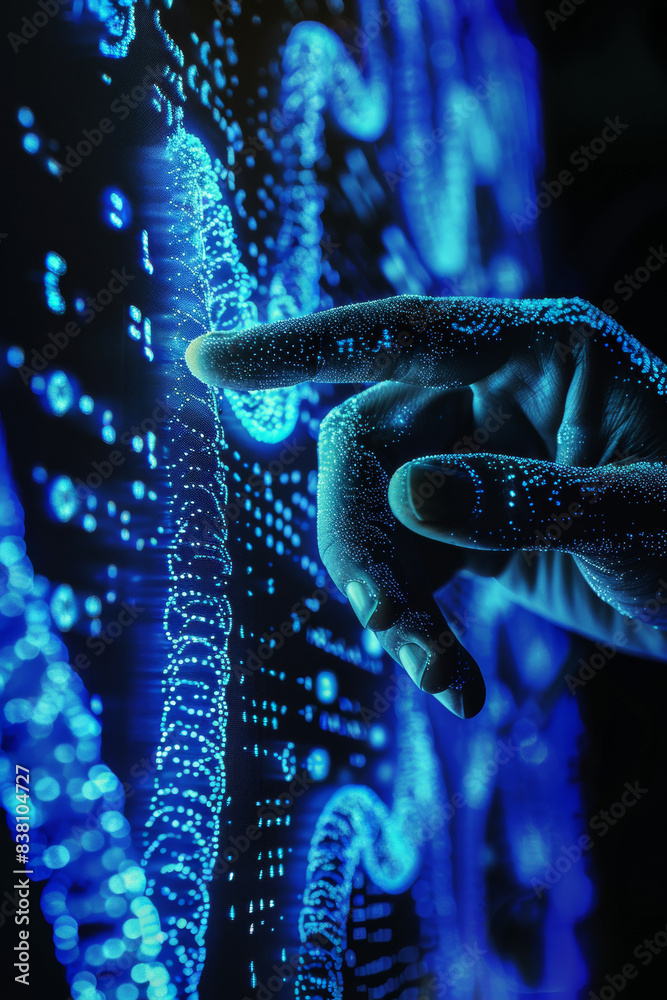 Poster a hand interacts with a digital interface displaying glowing blue data points and lines, symbolizing