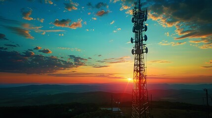 Obraz premium A modern cell tower with several dishes and antennas against the backdrop of blue sky at sunset. A telecommunication structure, with an aerial tower made from steel beams and metal plates.