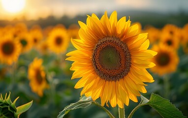 A beautiful field of vibrant sunflowers illuminated by the soft glow of the setting sun. Perfect for nature, floral, or summer-themed projects.