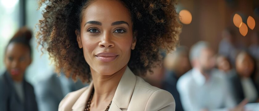 Serious mature coach, mentor woman training diverse staff, company employees, giving seminar in boardroom. Confident female boss meeting with diverse group for teamwork, working on project