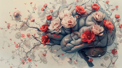 Behold the surreal beauty of a mind blossoming with creativity, depicted through an elegant illustration of a brain intertwined with delicate flowers.