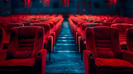 An empty cinema with red seats. The perspective is from the front row looking at rows of seats in a movie theater.