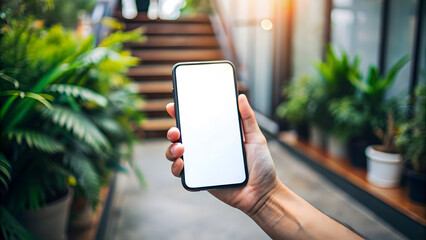 Naklejka premium A man's hand holds a black smartphone with a blank screen. Smartphone screen mockup