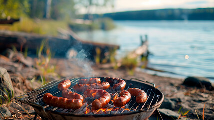 Grill with roasted over an open fire sausages on a beach of local lake