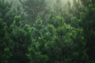 Pine Trees in Misty Morning Light - Powered by Adobe