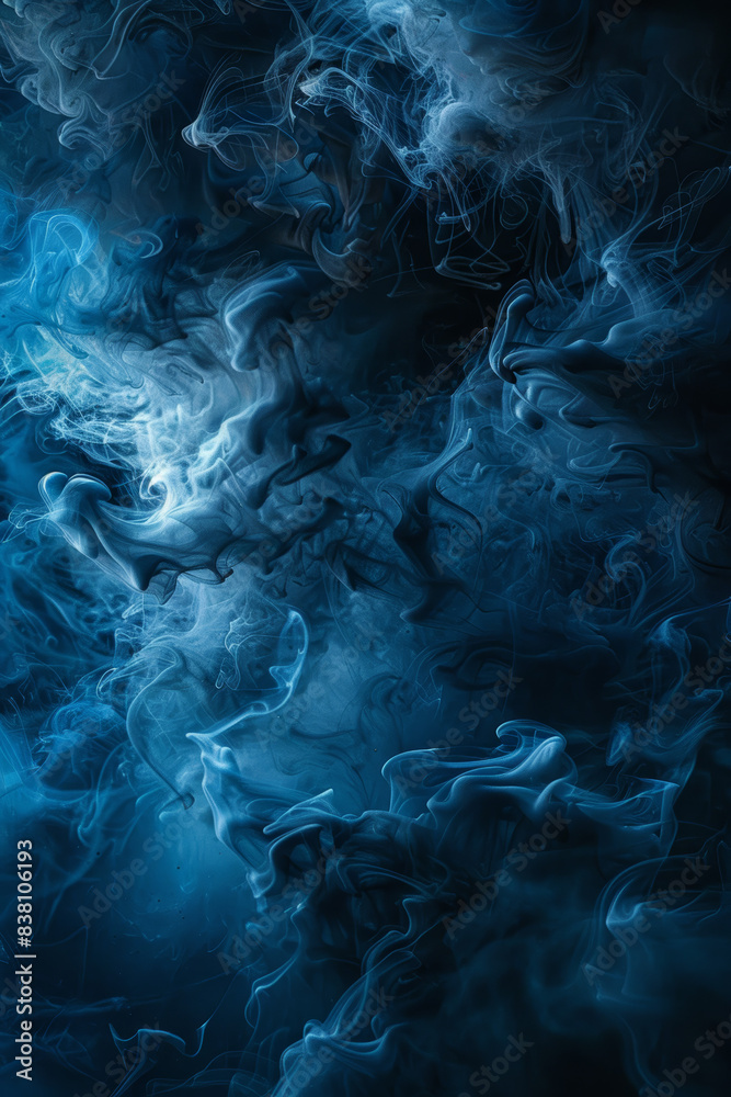 Poster abstract background of swirling blue smoke patterns on a dark backdrop, creating a mysterious and dy