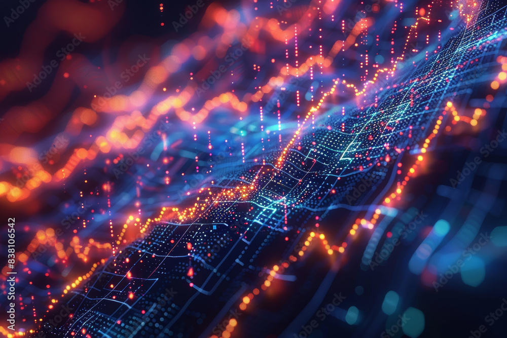 Poster abstract representation of data visualization with colorful lines and graphs, symbolizing digital an
