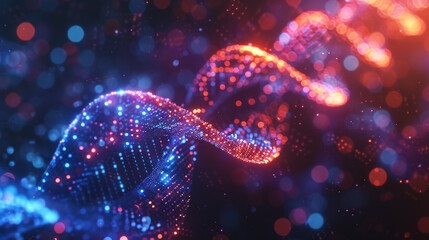 Abstract digital wave made of glowing particles in vibrant blue and orange colors, representing data flow, technology, and futuristic design.