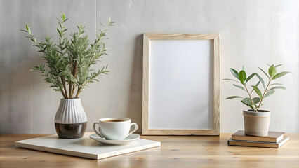 Scandinavian interior with photo frame mockup and plant. Modern home decor. Minimalistic concept. Sample. Empty.