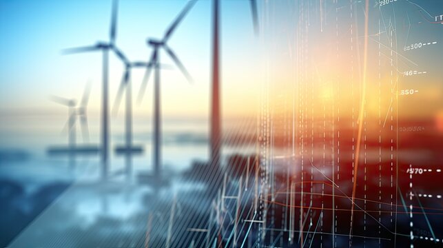 stock market charts blurred with a wind turbine in background.