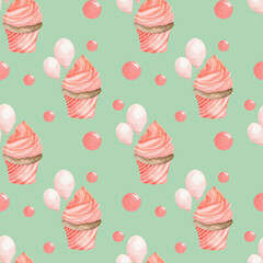 Baby girl kid birthday seamless pattern on green background. Pink cupcake with balloons background for party celebration, wrapping paper, stationery, gift box design