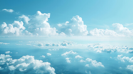 A stunning view of fluffy white clouds floating in a bright blue sky above a vast landscape, creating a serene and peaceful atmosphere.