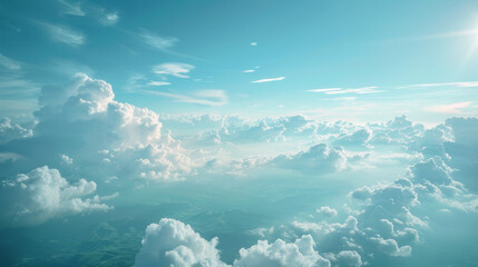 Naklejka premium Breathtaking view of fluffy clouds floating in the vibrant blue sky, bathed in sunlight. Perfect for serene and peaceful backgrounds or nature themes.