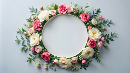 White circle frame Mockup in light pink flowers, roses arranged around