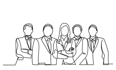 single line drawing of a group of businessmen and women standing, continuous line drawing of working people together in the office. Business team and teamwork concept. Isolated on a white background.