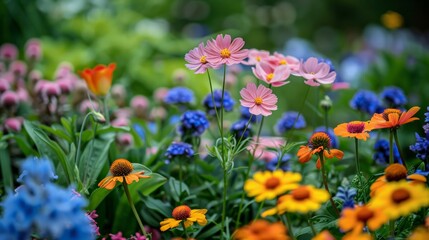 Close-Up of a Blooming Garden: Showcase the vibrant colors and textures of a blooming garden in spring,