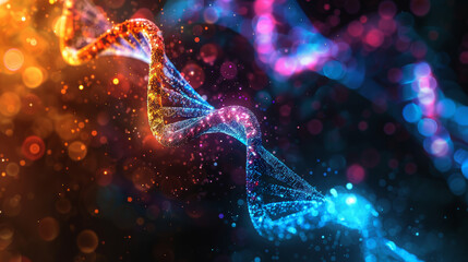 Colorful illuminated DNA strand in a glowing background, representing genetics, science, biology, molecular structure, and biotechnology concepts.