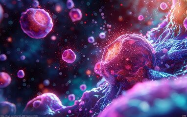 A vibrant  depiction of biological cells under a microscope, showcasing vivid colors and intricate cellular structures in a scientific setting.
