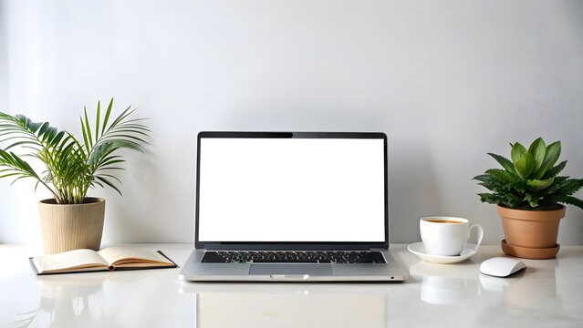 Mockup Laptop with blank screen on home office desk. Minimal workspace with blank computer screen mockup on white background