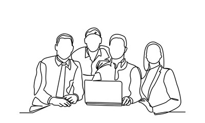 single line drawing of a group of businessmen and women standing, continuous line drawing of working people together in the office. Business team and teamwork concept. Isolated on a white background.